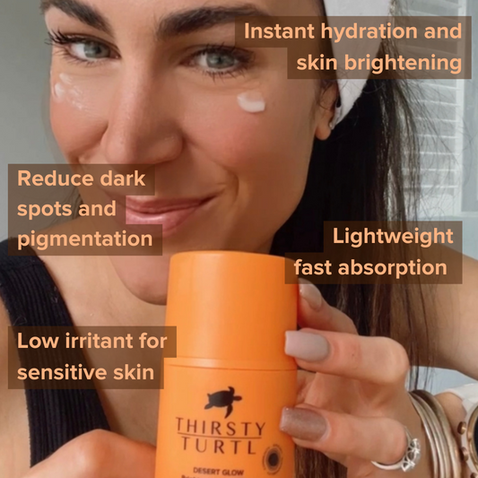 Woman holding 50ml bottle of moisturiser that can hydrate sensitive skin and reduce dark spots